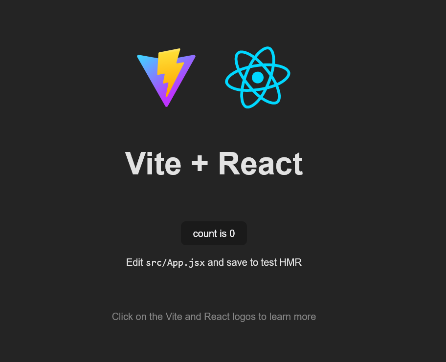 Interface affichant "Vite + React" avec un compteur et des instructions pour éditer le fichier src/App.jsx.