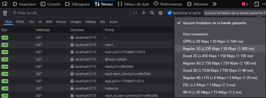 Emplacement du limiteur de bande passante dans Firefox