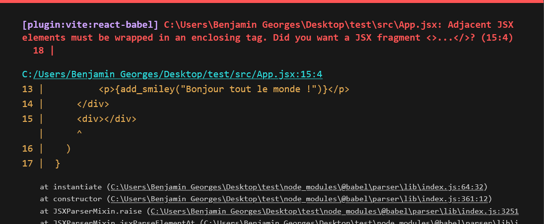 Erreur de compilation dans un fichier JSX, indiquant que les éléments doivent être enveloppés dans une balise parent.